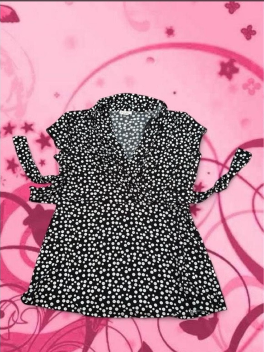 Y2K 2000s Nine West Black & White Polka Dot Wrap Top Tie Back Empire Waist Shirt